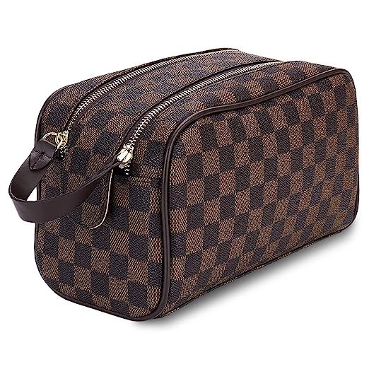 Luxury Checkered Cosmetic Bag Two-Zipper Make Up Bag PU Leather Toiletry Travel Bag for Women,Brown | Amazon (US)