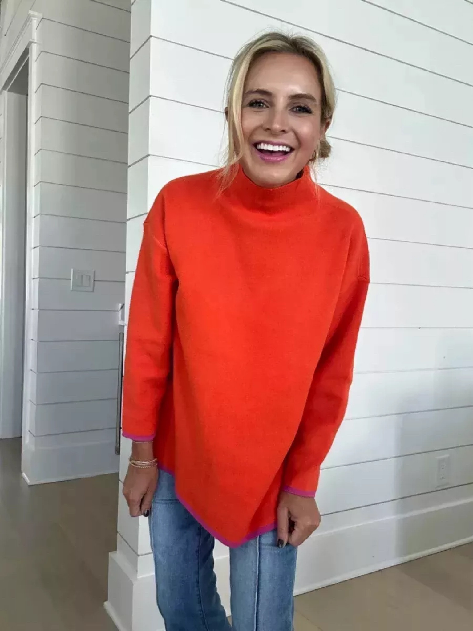 This this is the cutest turtleneck sweater. I love the orange and the pink trim. It runs oversized and I’m wearing the extra small. The jeans are a size 0 use code fancy15 for 15% off.

#LTKStyleTip #LTKSeasonal #LTKFindsUnder100