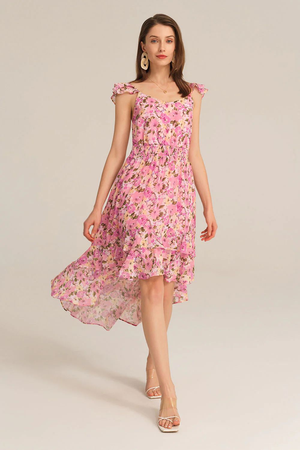 Spaghetti Strap Elastic Waist Chiffon Floral Dress - Pink | GRACE KARIN