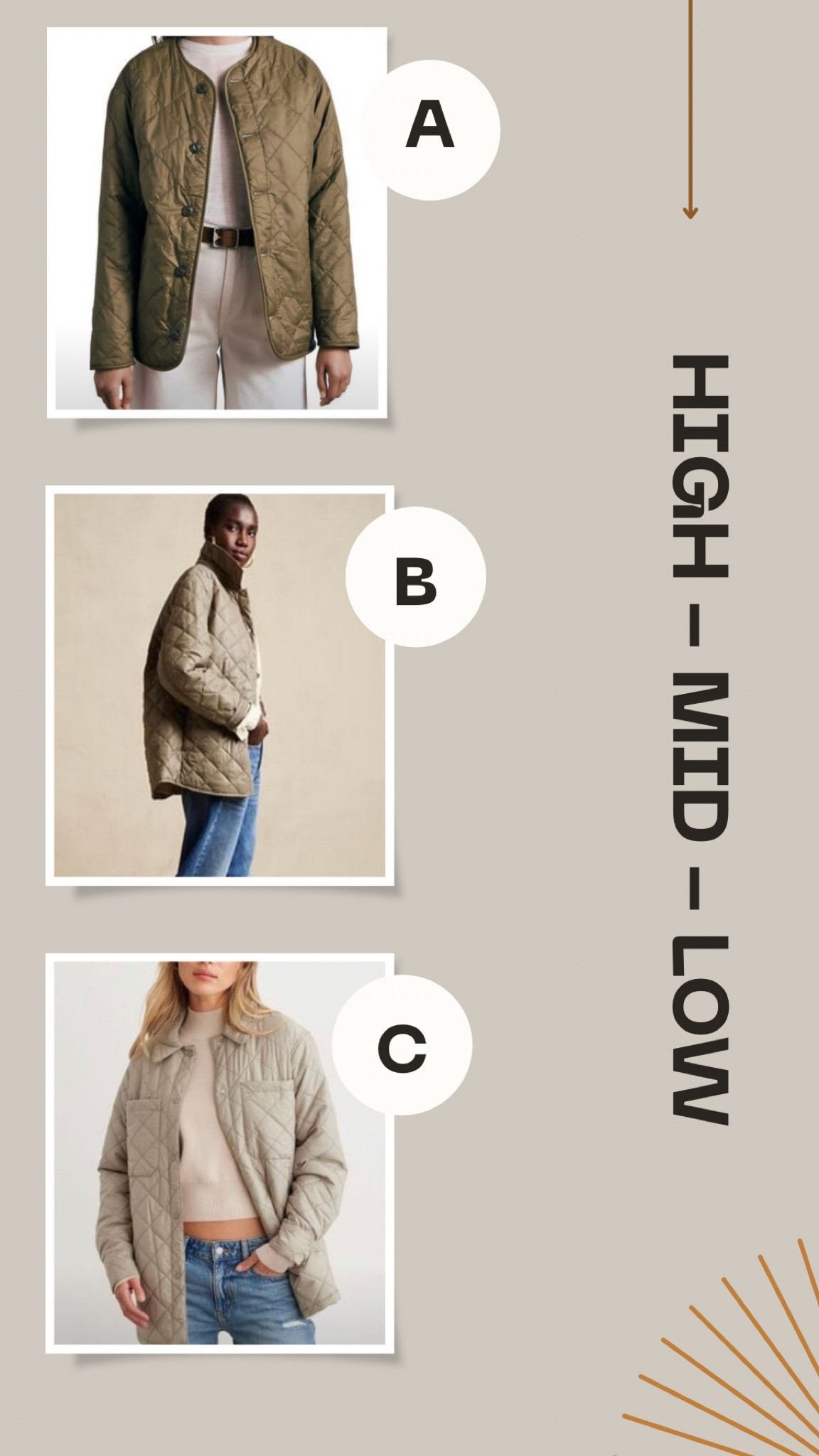 Looking for a fall/winter coat? 

The short quilted coat - perfect for everyday wear  

A - high - Nordstrom 
B - mid - Gap 
C - low - Dynamite 

All options linked below 