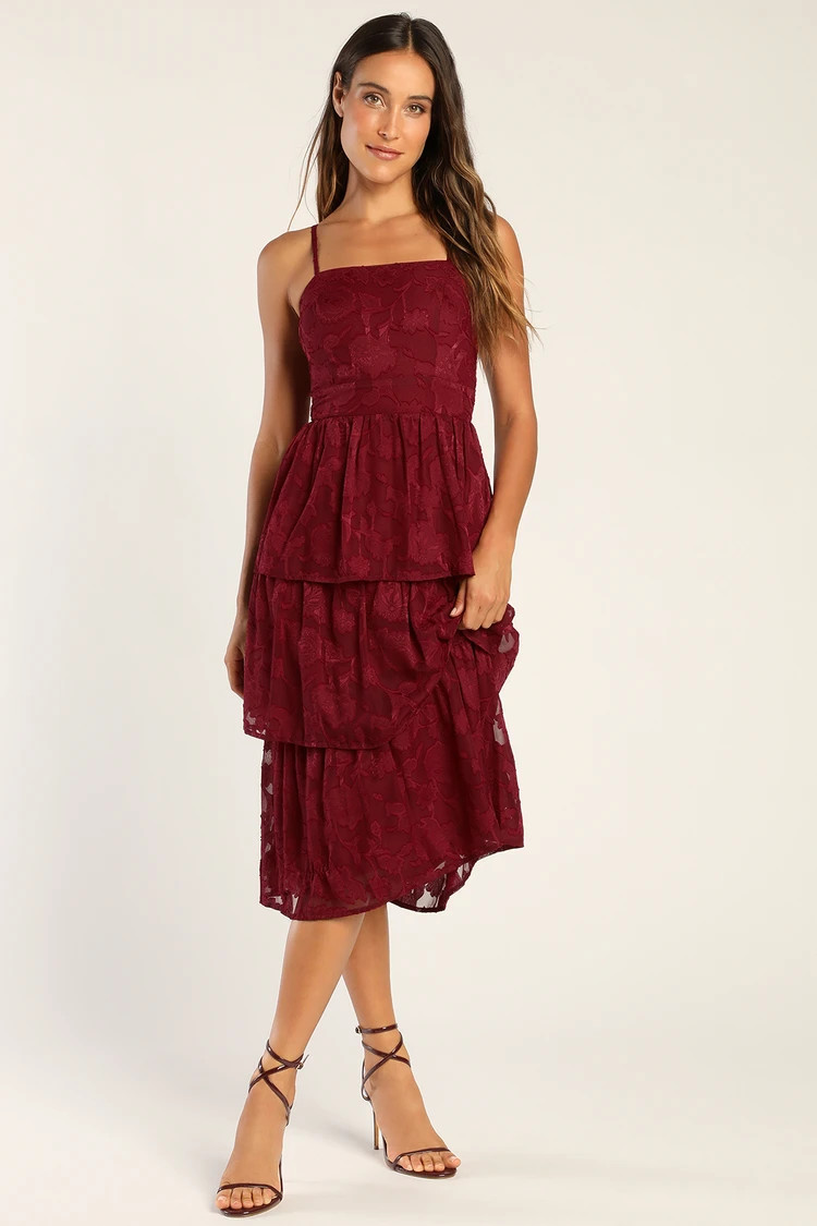 Grace and Beauty Burgundy Burnout Floral Print Tiered Dress | Lulus (US)