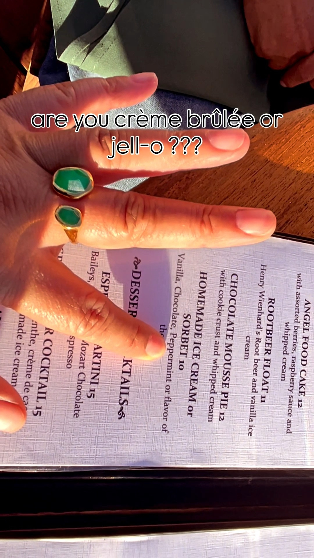 Crème Brûlée or Jell-O? Dessert at Mission Ranch

Inspired by the iconic dessert debate from My Best Friend’s Wedding. If you know the scene, you know. Are you the crème brûlée… or the jell-o?

Dining and drinks and dessert at one of my fave Carmel spots, Mission Ranch Restaurant. Sunset views here are everything. It is the kind of place where you settle in with a drink, order dessert, and watch the golden light move across the meadow.

I layered a cozy vacation sweater with a classic denim jacket which felt perfect for the cool Carmel coastal evening. Easy, relaxed, and ideal for sunset dinners by the coast.

#missionranch #carmelbythesea #carmelstyle #coastalcalifornia #mybestfriendswedding

mission ranch carmel | carmel by the sea restaurants | carmel california sunset dining | coastal california outfit | carmel travel style | california coastal dining | mission ranch restaurant carmel | sunset dinner carmel | cozy sweater outfit | denim jacket outfit women | carmel by the sea travel guide

#LTKdayinmylife #LTKootd #LTKvlog