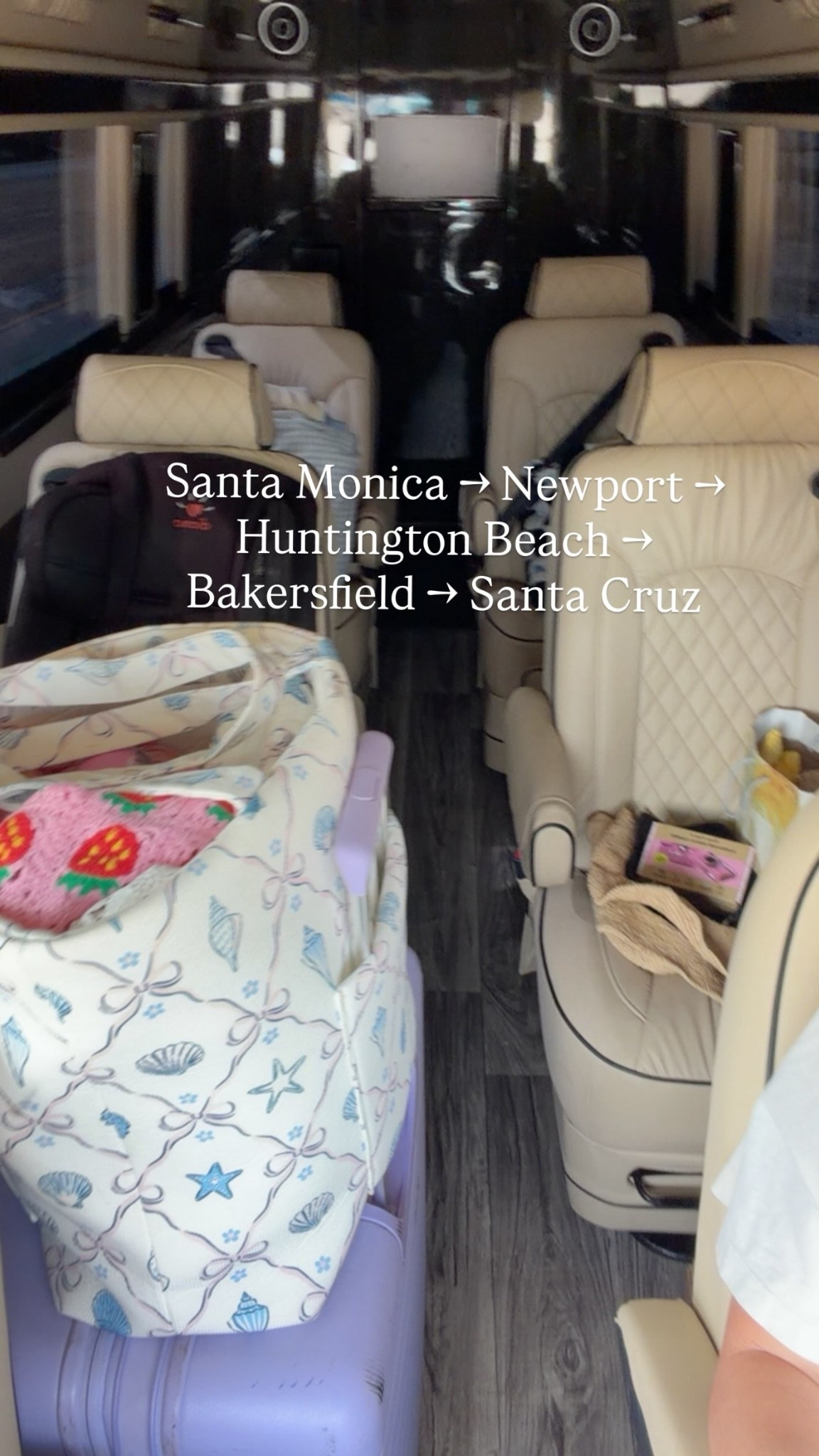 Santa Monica -> Newport -> Huntington Beach -> Bakersfield -> Santa Cruz