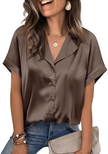 Cicy Bell Womens Short Sleeve Satin Button Down Shirts Dressy Casual Tops | V Neck, Relaxed Fit, ... | Amazon (US)