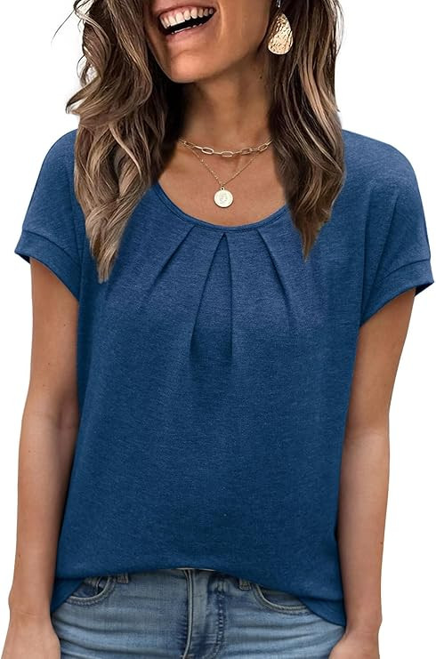 MixShe Tops for Women Short Sleeve Pleated Front Crewneck Casual Summer Lightweight Shirts | Amazon (US)