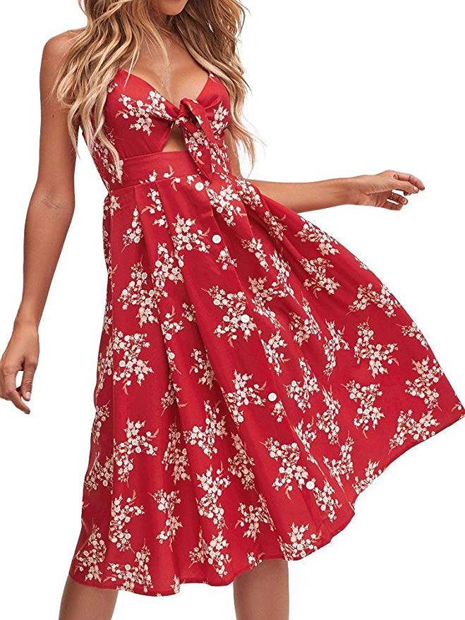 FANCYINN Womens Floral Prints Tie Front Button Down Spaghetti Strap Midi Dress | Amazon (US)