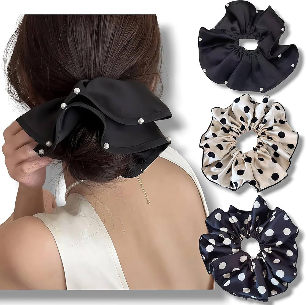 3 PCS 7.9 Inches Big Large Satin Scrunchies With Pearl and Polka Dot Vintage Chic Oversized Satin... | Amazon (US)