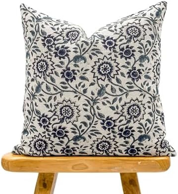 Designer Floral Print on Natural Linen Pillow Cover, Blue Pillow, Boho Pillow Cover, Decorative T... | Amazon (US)