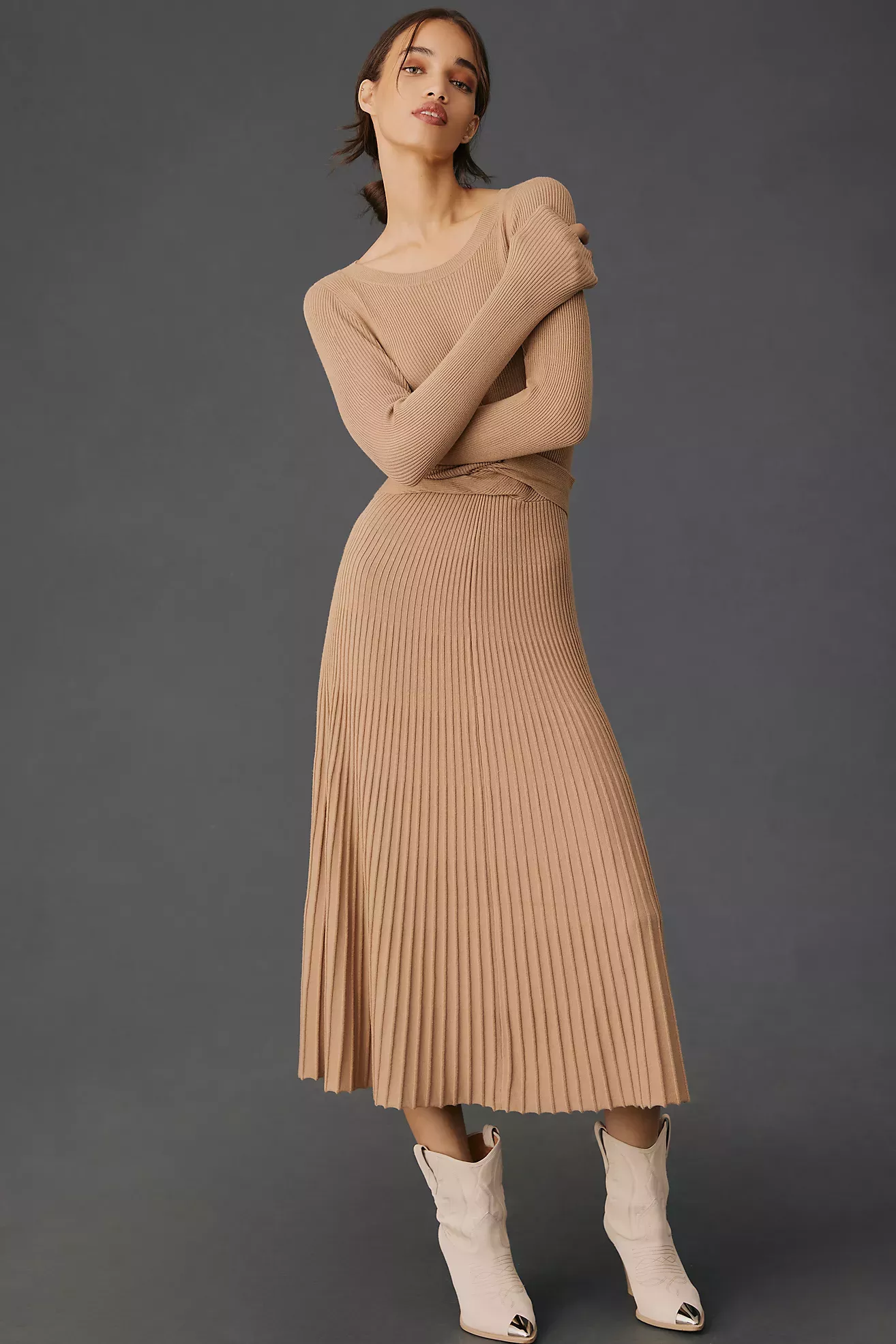 Long Sleeve Broad Rib Knit Midi Sweater Dress - Olsen Fashion Canada
