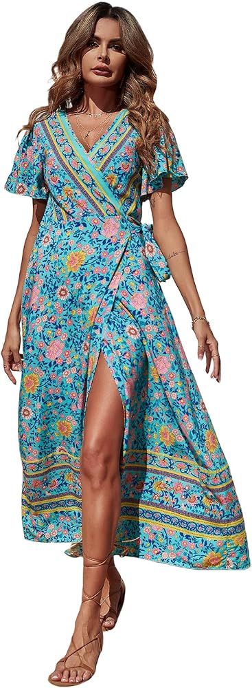 Floerns Women's Boho Floral Print Wrap V Neck Short Sleeve Split Beach Long Dress | Amazon (US)