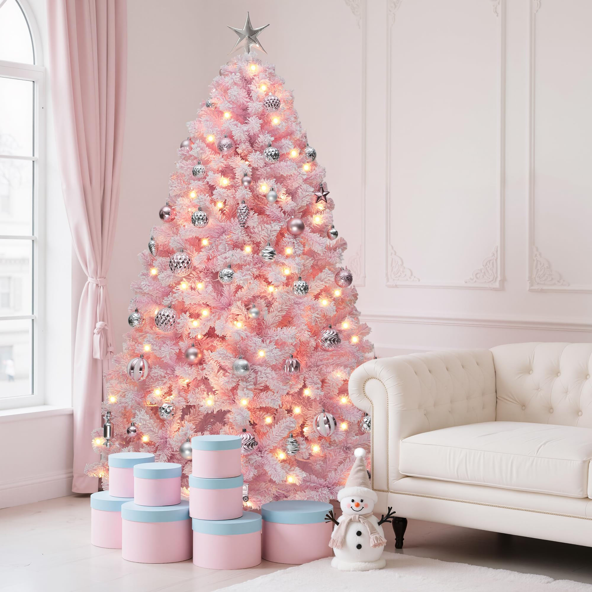 YITAHOME 6 FT Prelit Pink Flocked Christmas Tree, Pre-Lit Pink Spruce Artificial Christmas Tree w... | Amazon (US)