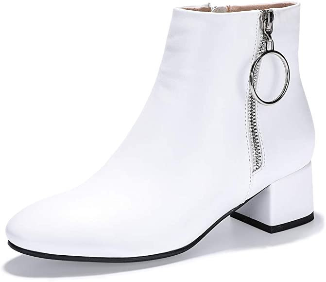 IDIFU Women Ring Zipper Ankle Boots 1.8 Inch Low Block Heels Round Toe Dress Booties | Amazon (US)