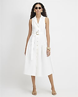 White Cotton Belted Midi Shirt Dress | River Island UK & IE
