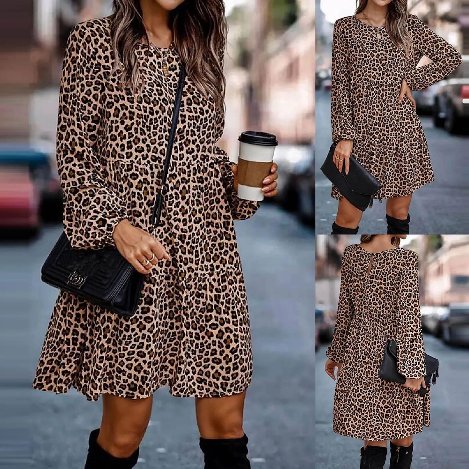 Time and Tru Autumn And Winter Women Casual Long Sleeve Leopard Printed Round Neck Dresses,long s... | Walmart (US)