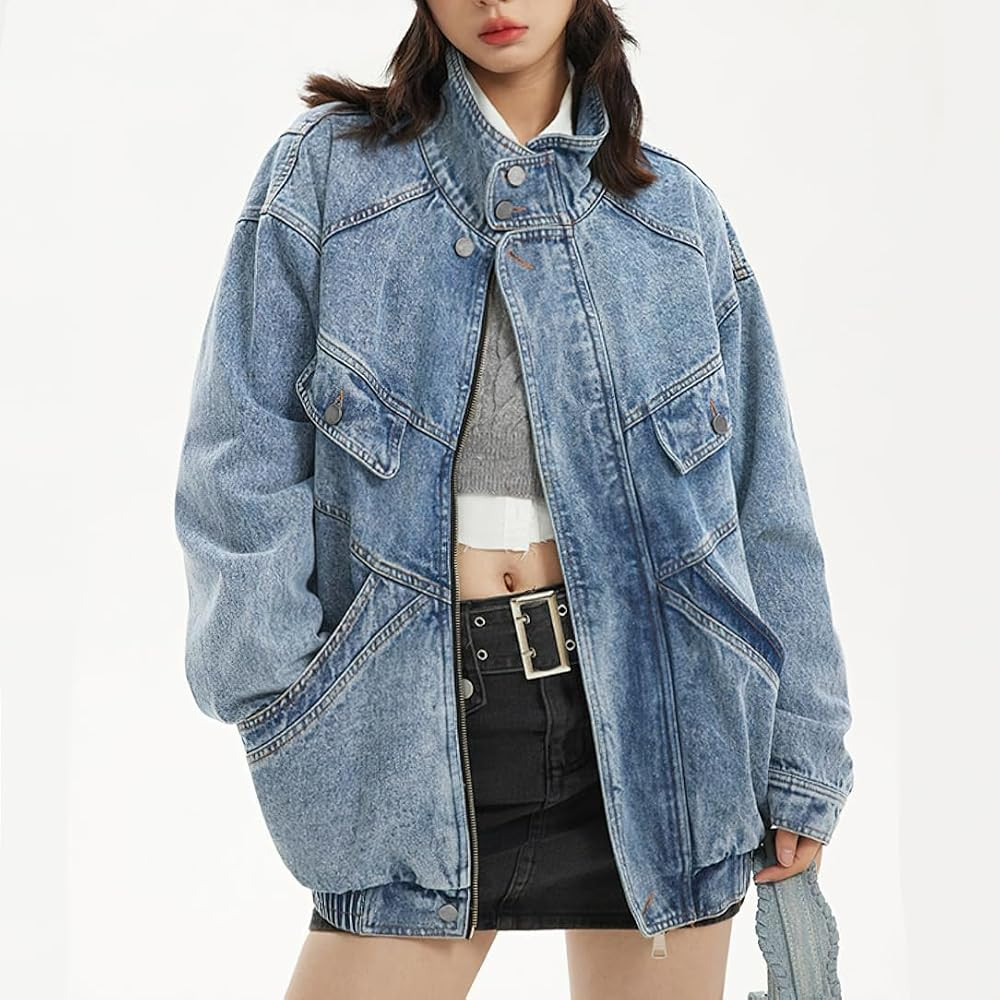 chouyatou Women's Oversized Stand Collar Shacket Jean Jacket Zip Up Distressed Frayed Denim Jacket Coat | Amazon (US)