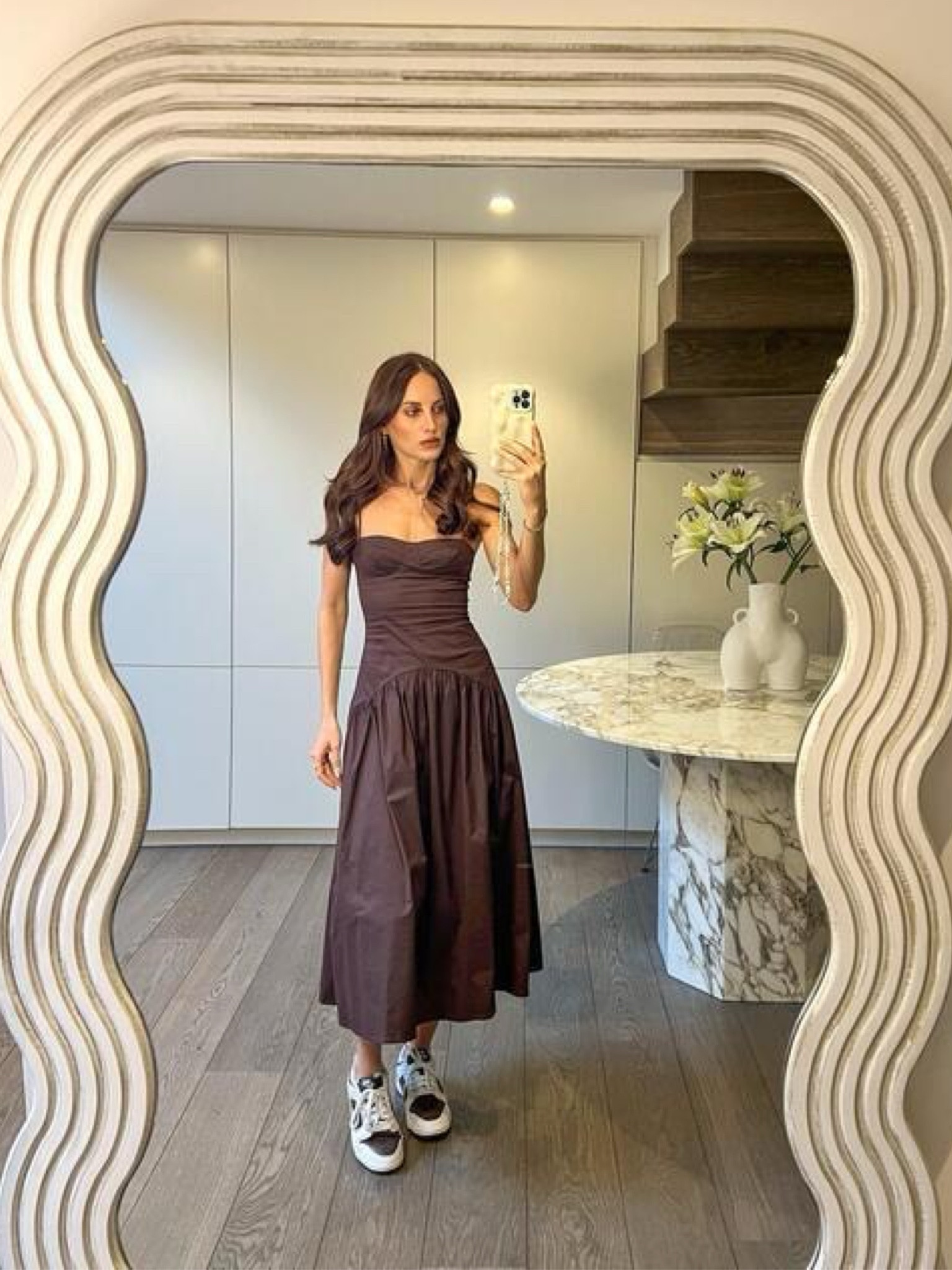 Dress and trainers, smart casual outfit, maxi dress, autumn outfit, transitional style, outfit ideas, Peppermayo dress, Rosie Fortescue Jewellery, gold necklace, gold bracelet, midi dress #LTKlondon

#LTKeurope #LTKuk #LTKstyletip