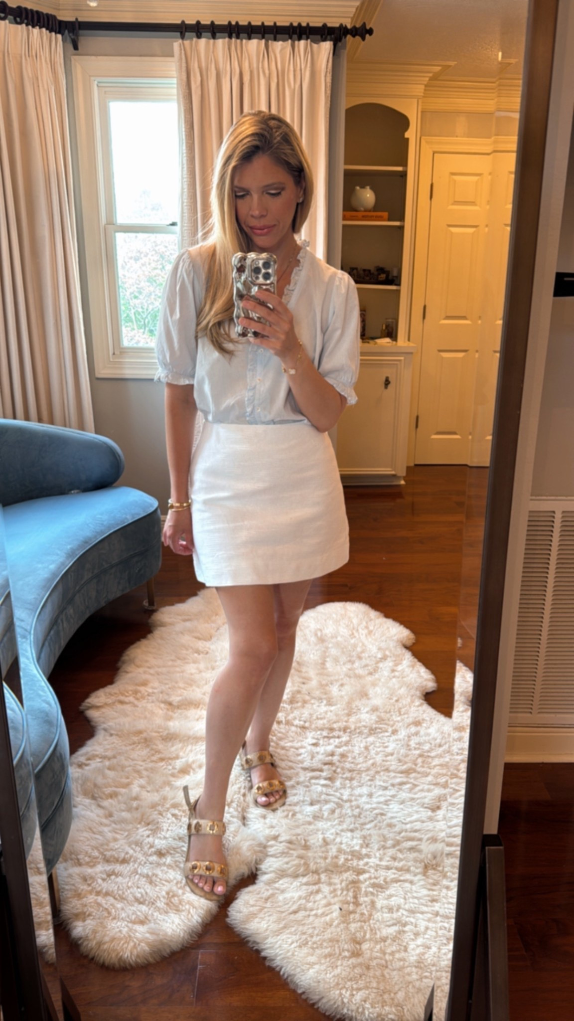 Summer Outfit. White mini skirt, light blue blouse, blue ruffle blouse, Julia Amory, sandals, raffia sandals, Larroude, Xierna, mom outfit, spring outfit, blue and white, Memorial Day outfit, red white and blue 

#LTKSeasonal #LTKStyleTip #LTKShoeCrush