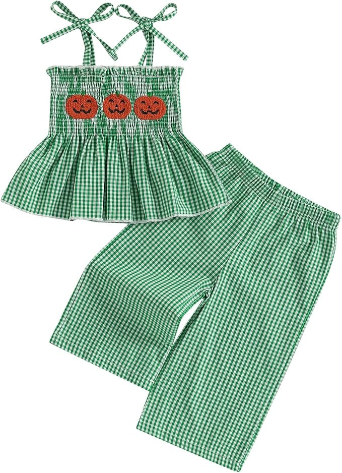 Halloween Baby Girl Outfit Smocked Pumpkin Patch Tank Top Gingham Plaid Pants Set Toddler Girls F... | Amazon (US)