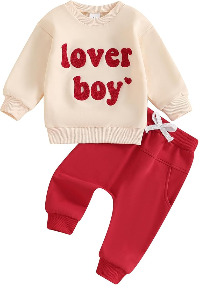 Toddler Baby Boy Valentine's Day Outfit Lover Boy Embroidery Letter Sweatshirt Pullover Tops Jogg... | Amazon (US)