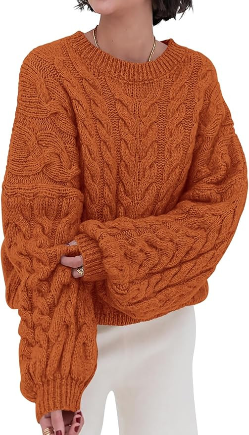 PRETTYGARDEN Womens Sweaters Spring 2025 Cable Knit Long Sleeve Crewneck Oversized Sweater Chunky... | Amazon (US)