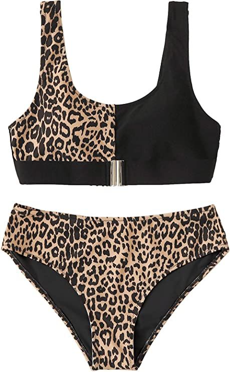 Floerns Women's High Waist Leopard Bikini Buckle Front Two Piece Swimsuit | Amazon (US)