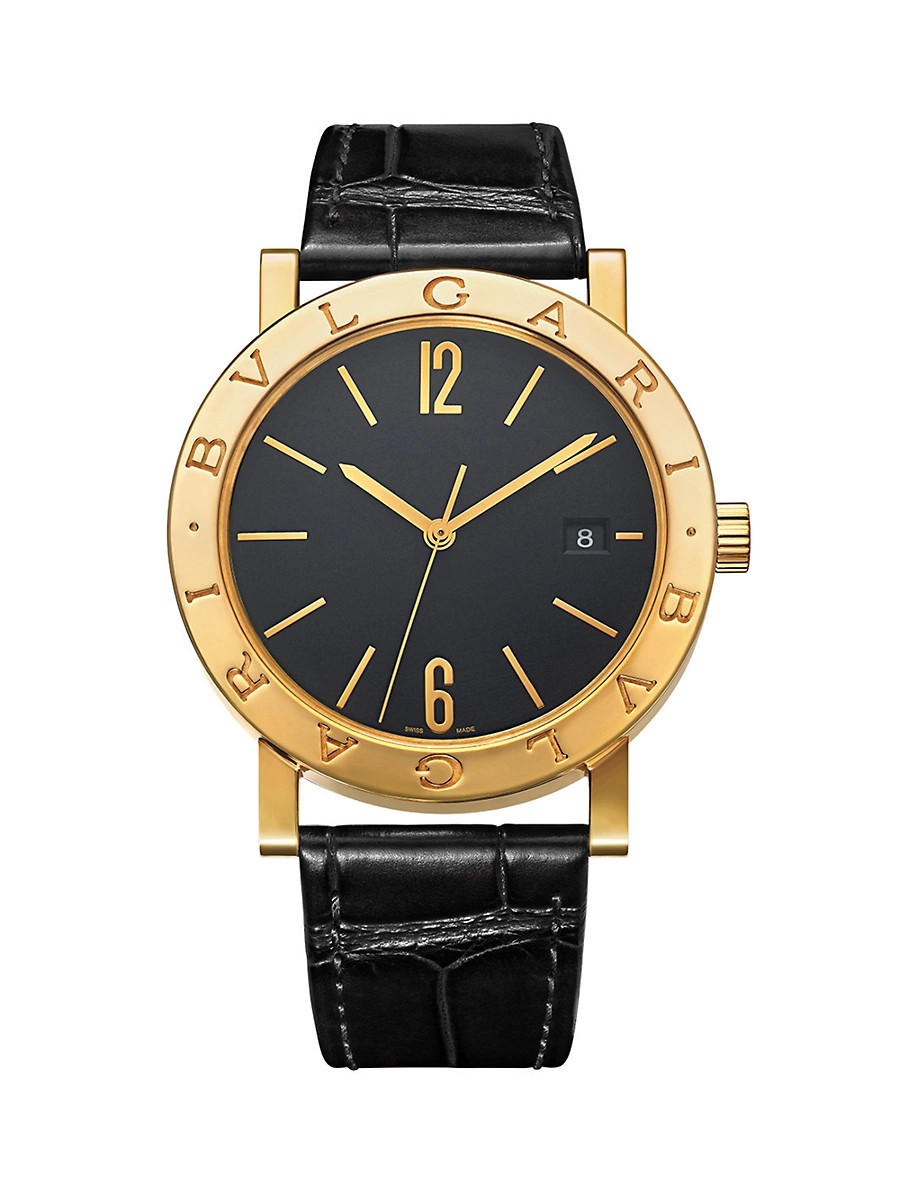 Men's BVLGARI BVLGARI 18K Yellow Gold & Alligator Leather Strap Watch/38MM - Black | Saks Fifth Avenue