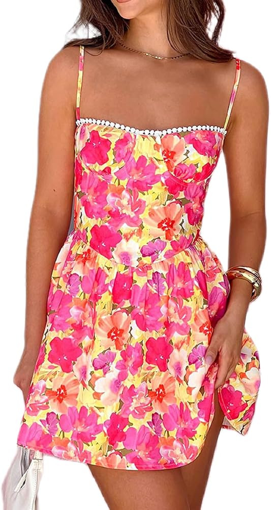 Women Boho Floral Mini Cami Dress Spaghetti Strap Flowy Sling Dress Graphic Backless Summer Holid... | Amazon (US)