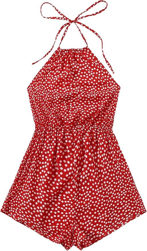 SheIn Women's Sleeveless Floral Print Halter Neck Backless Short Romper Jumpsuit | Amazon (US)