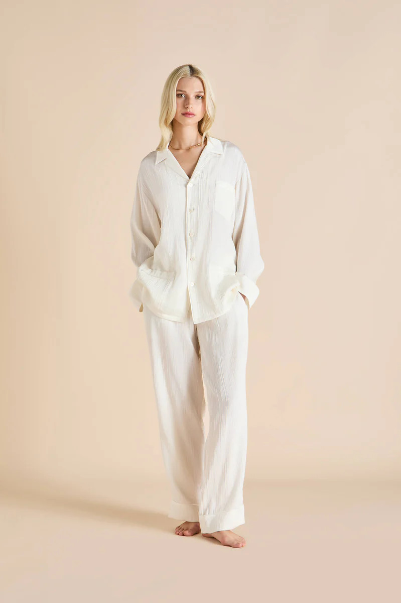 Yves Tabitha Ivory Pajamas in Crinkled Silk Satin | Olivia von Halle