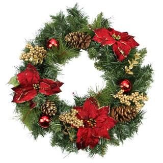 24" Red Poinsettias Gold Pinecones & Berries Artificial Wreath | Michaels Stores