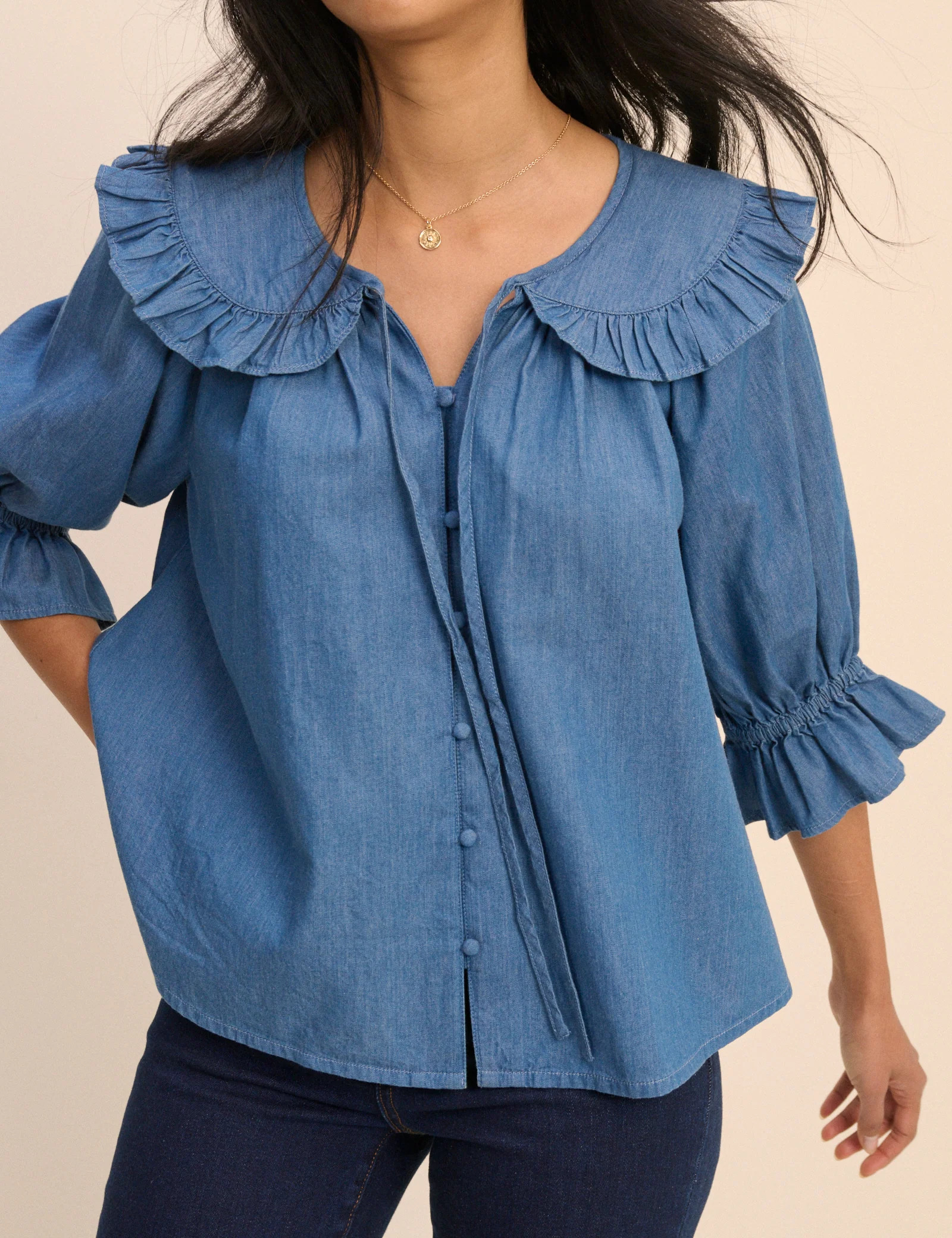 Mid Blue Denim Floral Short Sleeve Blouse | Nobody's Child