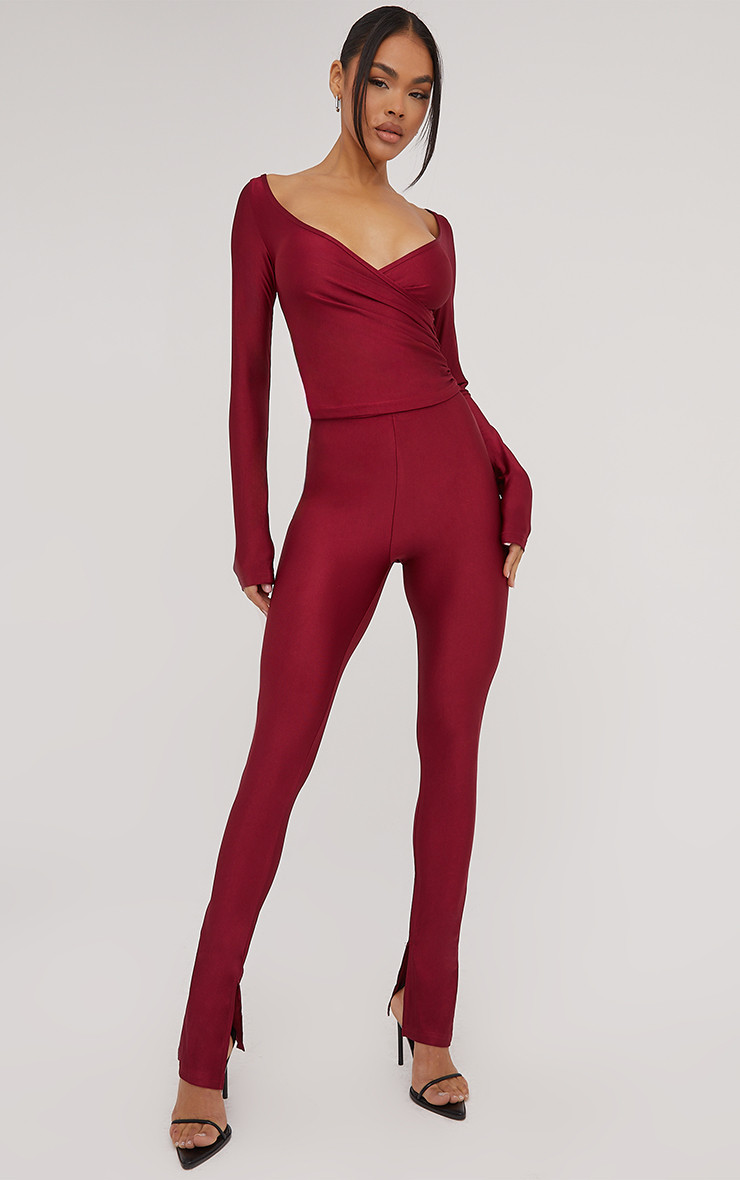 Long Sleeve Plunge Wrap Detail Top And Leggings Co-Ord Set In Wine Slinky | EGO Shoes (US & Canada)