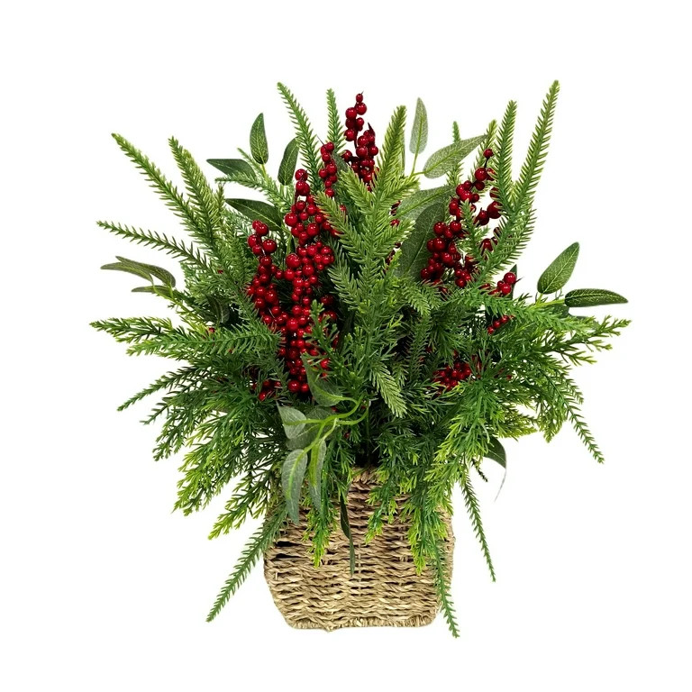 Winter Floral Basket with Berries Christmas Tabletop Decoration, Green and Red, 15", by Holiday T... | Walmart (US)
