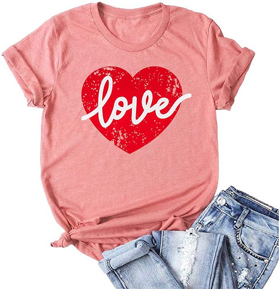 Beopjesk Womens Valentine's Day Graphic Tees Short Sleeve Heart Printed Shirts Blouse Tops | Amazon (US)
