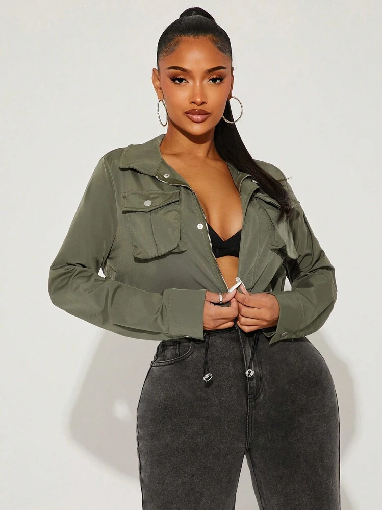 SHEIN SXY Women's Casual Solid Color Spring Autumn Drawstring Hem Cargo Cropped Jacket Fall Cloth... | SHEIN