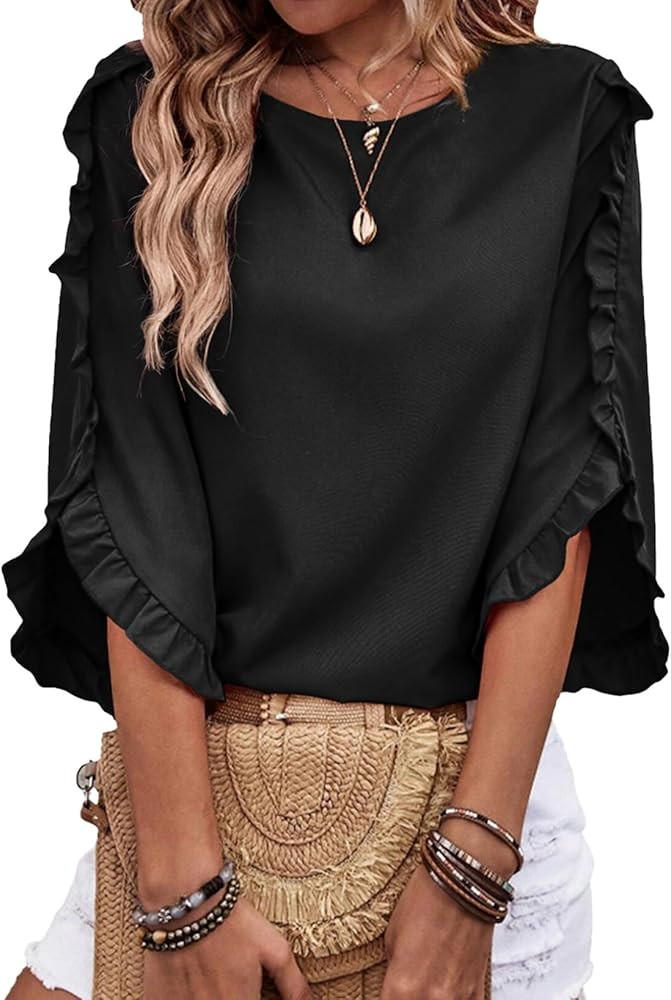 EVALESS 3/4 Length Sleeve Womens Tops Dressy Casual Blouses Crewneck Ruffle Sleeve Shirts Summer ... | Amazon (US)