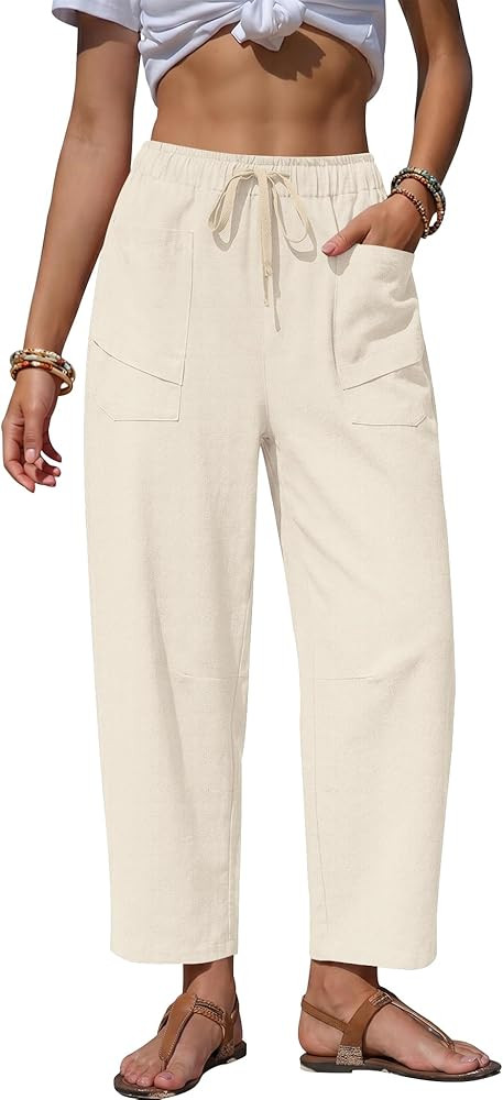 AKEWEI Womens Faux Linen Striped Barrel Pants Comfy Drawstring Capri Pant Summer Beach Vacation L... | Amazon (US)