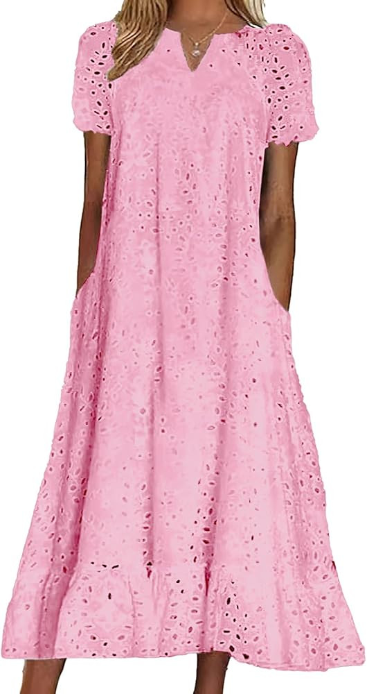 chouyatou Women Summer Ruffle Hem Floral Lace Eyelet Dress Casual Notch Neck Midi Tunic Dress wit... | Amazon (US)