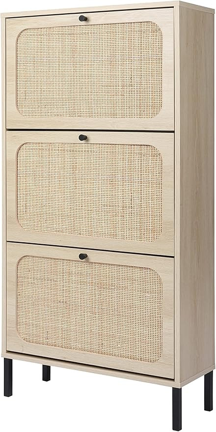 ZeHuoGe Natural Rattan Cabinet with 3 Flip Drawers, Free Standing Modern 3-Tier Shoe Storage Rack... | Amazon (US)