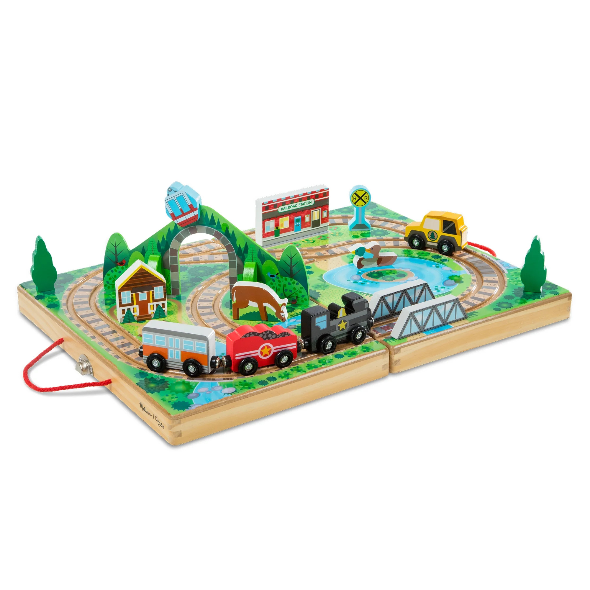 Melissa & Doug 17-Piece Wooden Take-Along Tabletop Railroad, 3 Trains, Truck, Play Pieces, Bridge... | Walmart (US)