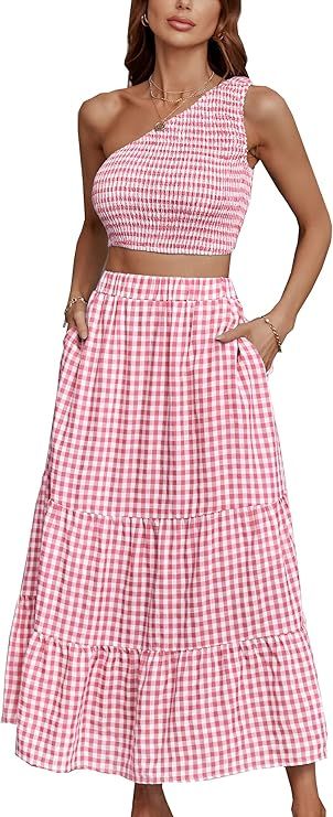 AOVDE Women's Two Piece Outfits Summer Dresses Boho One Shoulder Tube Tops Elastic Waist A Line M... | Amazon (US)