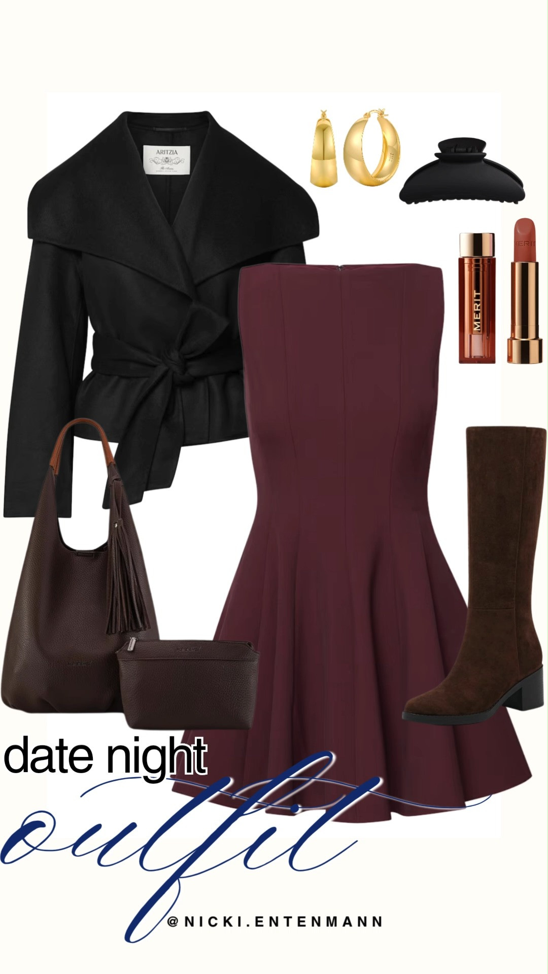 Elevate your evening look with this polished date night outfit edit. A strapless deep burgundy mini dress pairs beautifully with chocolate brown suede knee-high boots and a sleek black wrap coat for sophisticated fall layering. Chunky gold hoops, a black hair claw, Merit lipstick, and a rich espresso leather handbag complete this chic, preppy style.

#datenight #datenightoutfit #fallfashion #chicstyle #outfitinspiration #preppycasual #everydayfashion 

 #LTKgrwm #LTKootd #LTKTravel