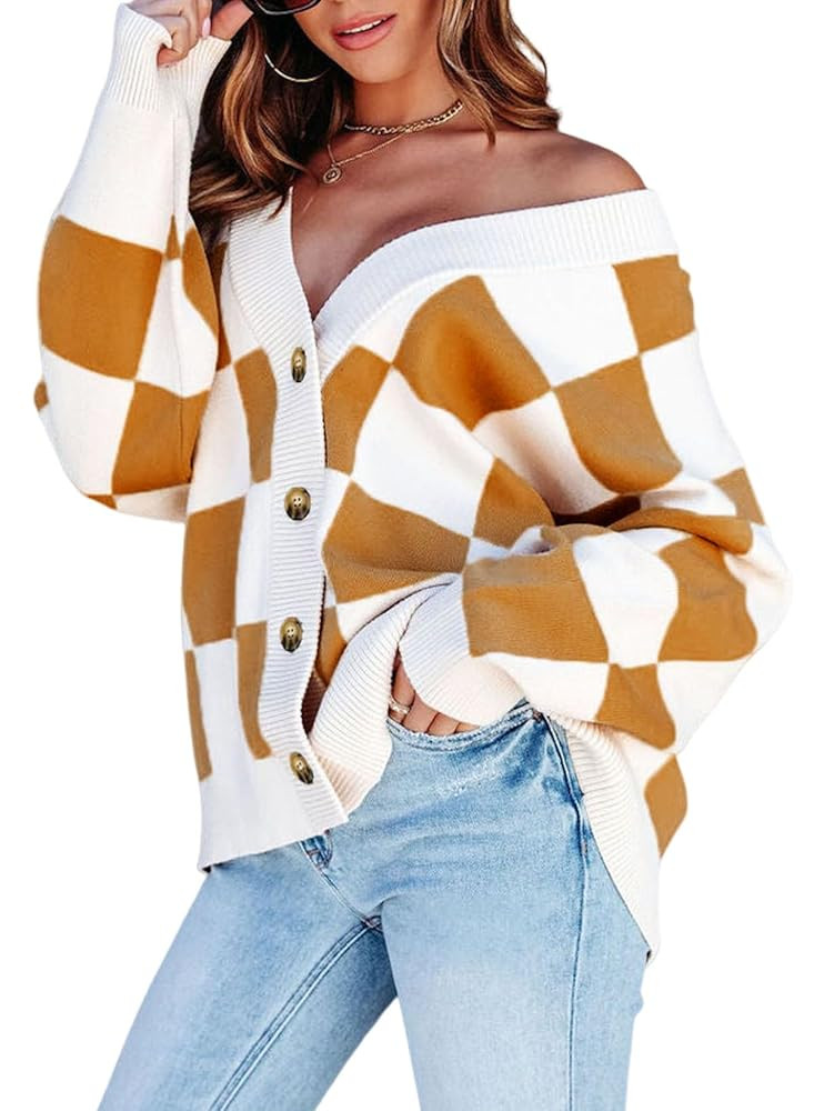 Dokotoo Womens Plaid V Neck Button Down Long Sleeve Cable Knit Oversized Cardigan Sweaters Tops | Amazon (US)