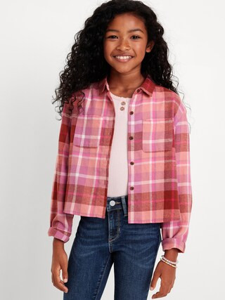 Cropped Long-Sleeve Plaid Pocket Flannel Shirt for Girls | Old Navy (US)