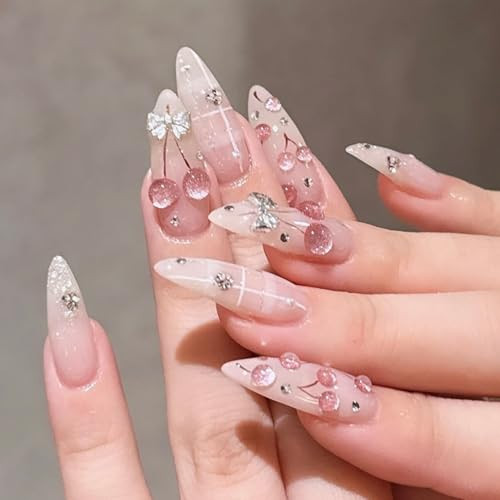 Long Press on Nails Almond Fake Nails Nude Pink Artificial Nail with 3D Cherry Silver Bow Rhinestone Design Stick on Nail for Women 24pcs | Amazon (US)