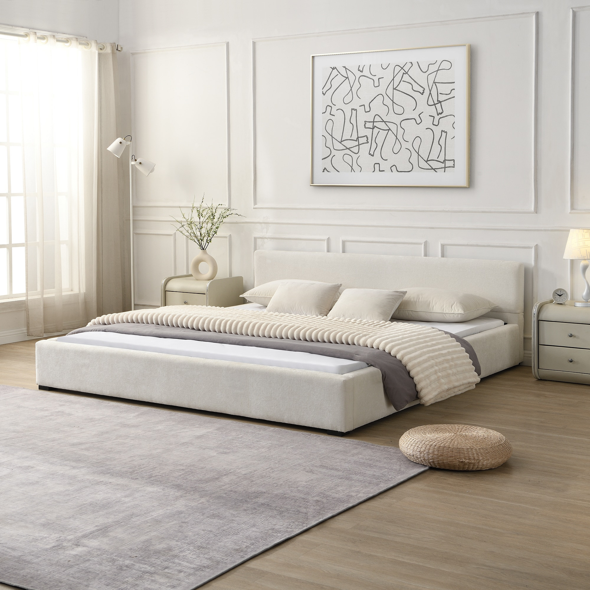 Christopher Knight Home Wide-Edge Upholstered Platform Bed with Modern Clean Design – King – Beige in White | 336668 | Lowe's