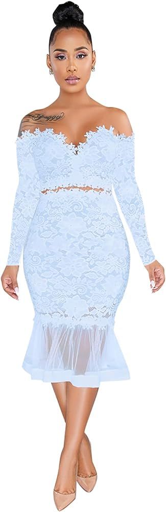 Salimdy Women Sexy Floral Lace Mesh Sheer Hollow Out Deep V Neck Spaghetti Strap Bodycon Pencil M... | Amazon (US)
