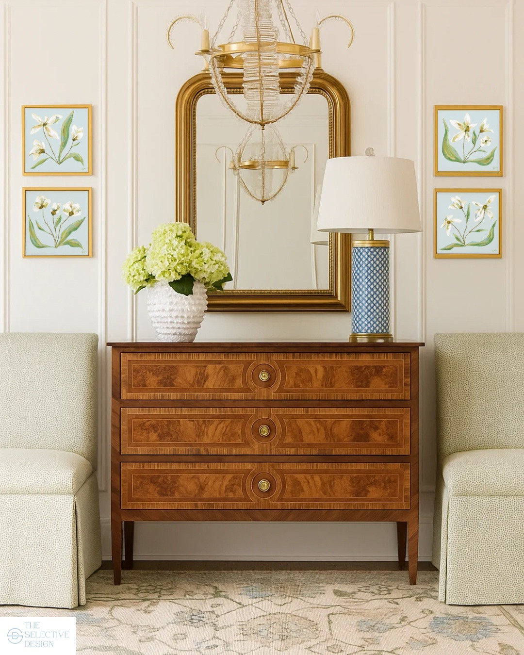 Loving this classic entryway moment ✨The timeless wood chest and the classic gold mirror flanked with a set of 4 botanical prints  create an elegant, layered look that wow 🤩 

Swipe to see this design board transformed to real life - with a little help from AI 😉. 

Entry design | entryway design | classic entry | traditional entry | entryway inspo | entry decor | side chair | Grandmillennial Art | affordable botanical print

#LTKHome #LTKSaleAlert
