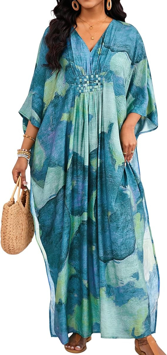 Bsubseach Plus Size Kaftan Dresses for Women V Neck Swimsuit Coverup Floral Print Caftan Maxi Bea... | Amazon (US)