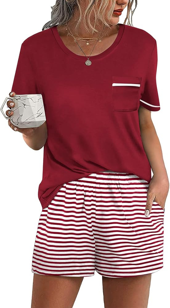 Ekouaer Womens Pajamas Sets Shorts 2 Piece Short Sleeve Lounge Sets Sleepwear Soft Pjs with Pocke... | Amazon (US)